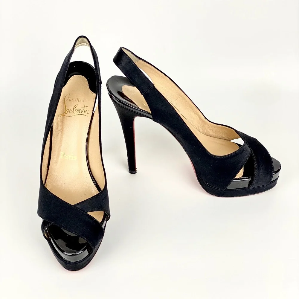 Christian Louboutin Platform Heels Very Croise Size 38.5 Black Satin Peep Toe 8 - Picture 7 of 7
